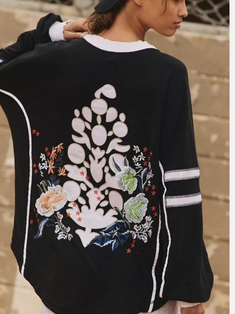 Free People Rugby Ready Embroidered Floral Back Black Shirt Bundle